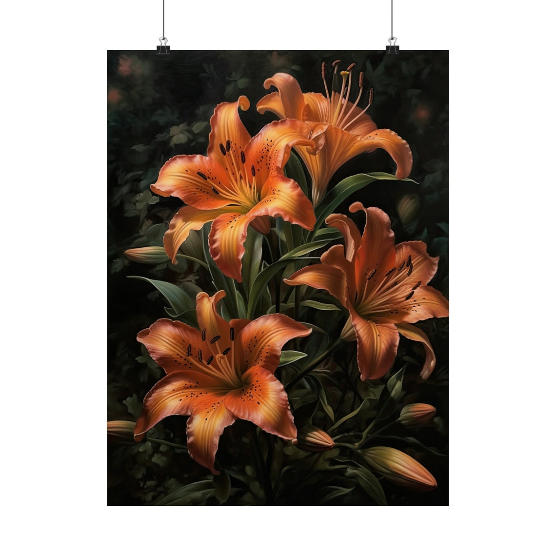 Orange Tiger Lilies Clustered Blooms Dark Floral Wall Art Print - Image 5