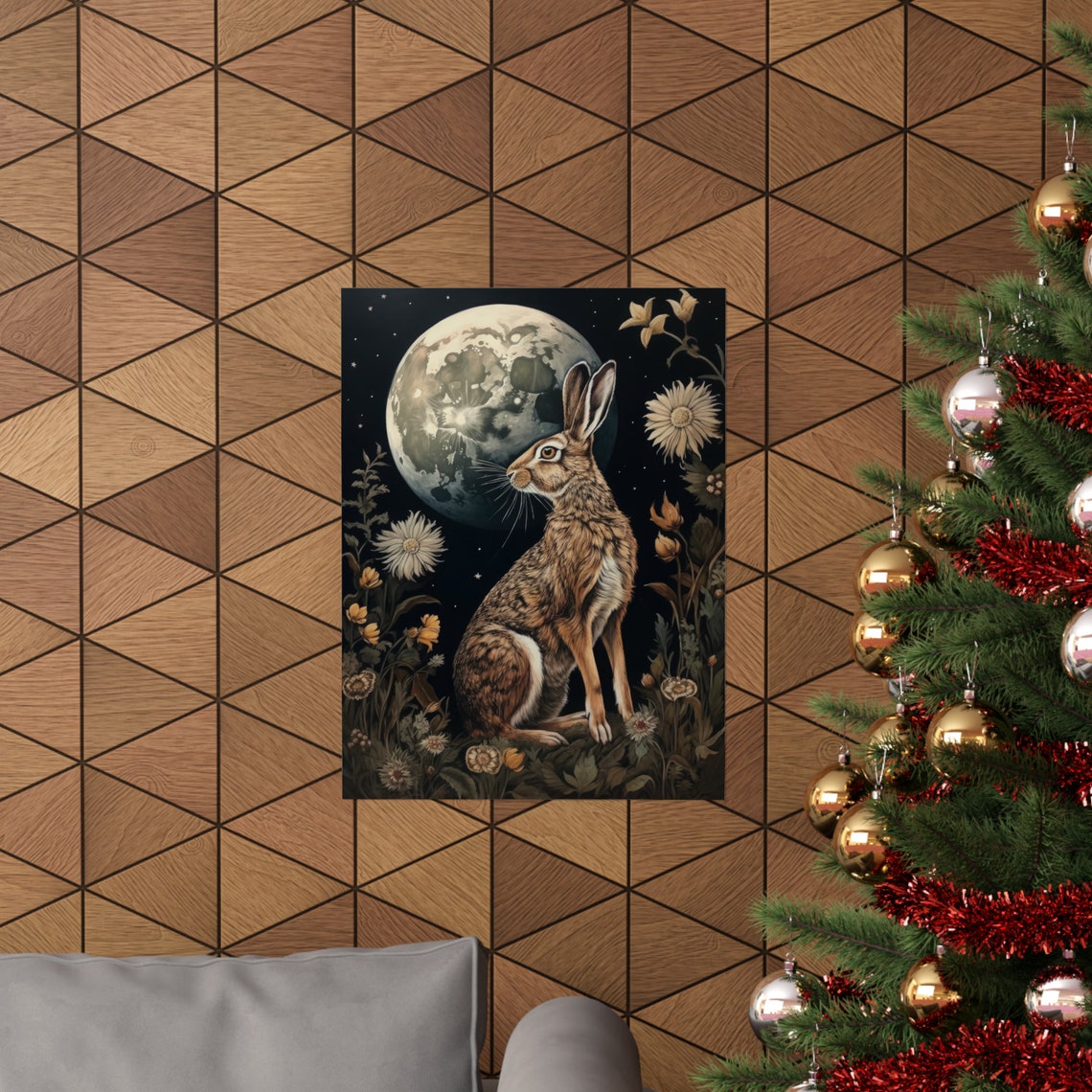 Wild Hare and Full Moon Dark Cottagecore Floral Night Poster - Image 3