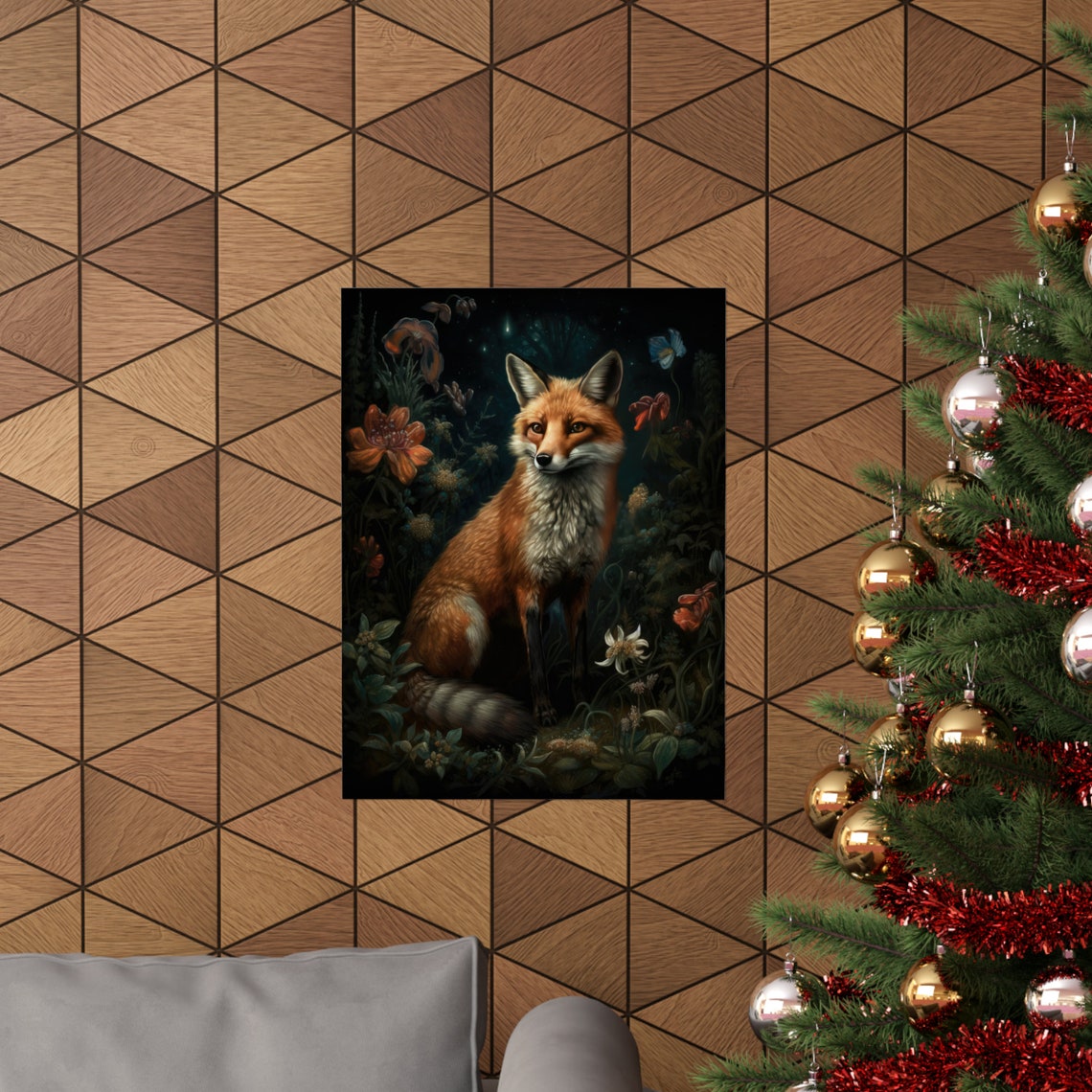 Red Fox Facing Viewer Among Orange Blooms In Dark Floral Art Poster - Image 3