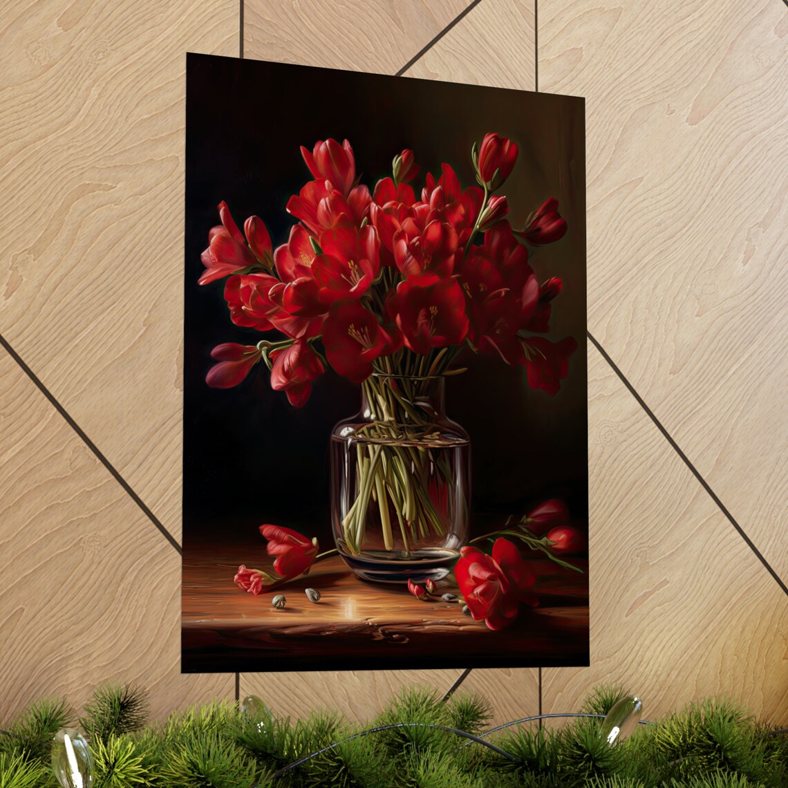 Red Freesia Bouquet Dark Still Life Glass Vase Wooden Table Art Print - Image 2