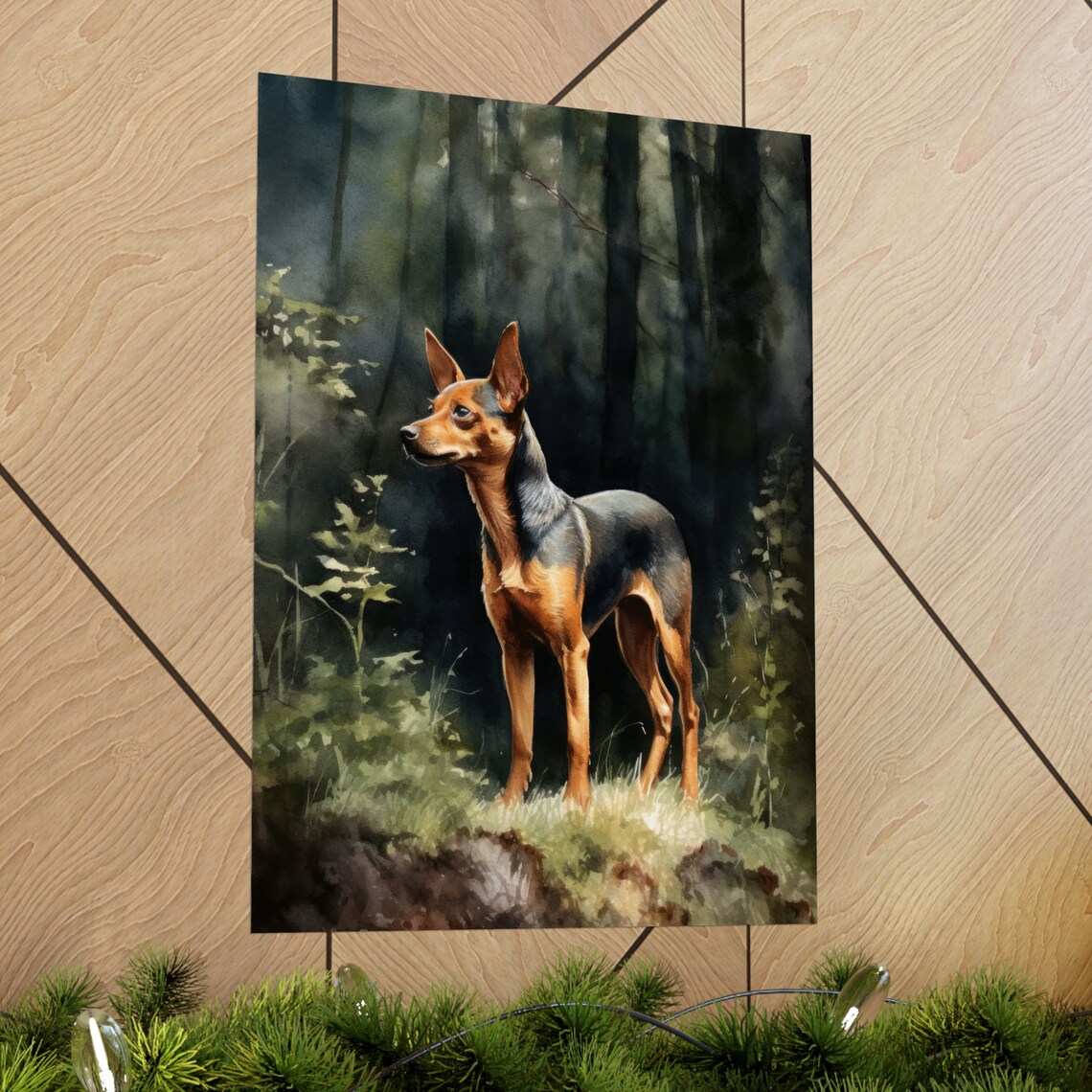 Miniature Pinscher Standing Alert In Dark Forest Watercolor Dog Poster - Image 2