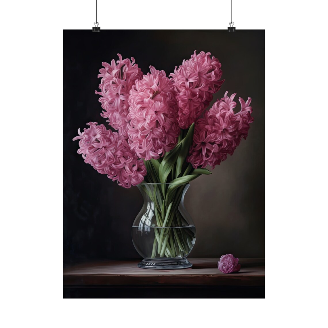 Pink Hyacinth Blooms Glass Vase Dark Moody Still Life Flower Poster - Image 5