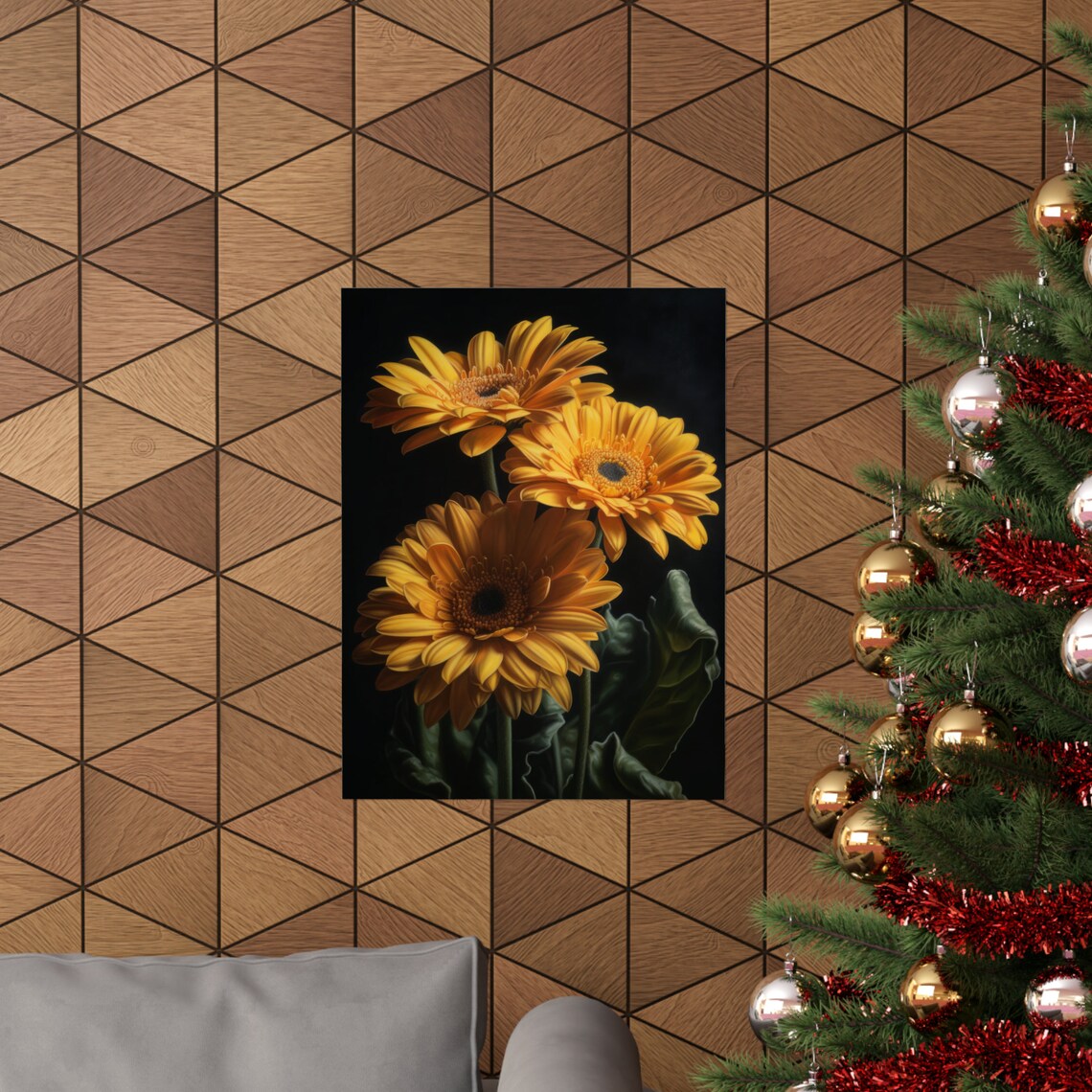 Golden Orange Gerbera Daisies Dark Moody Floral Oil Painting Wall Art - Image 3