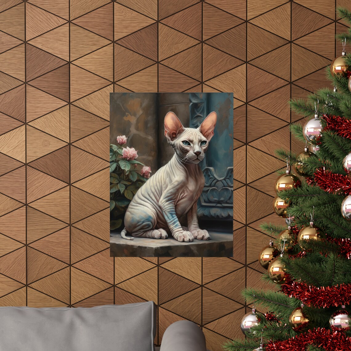 Sphynx Cat Portrait Pink Roses Classical Column Hairless Cat Art Print - Image 3