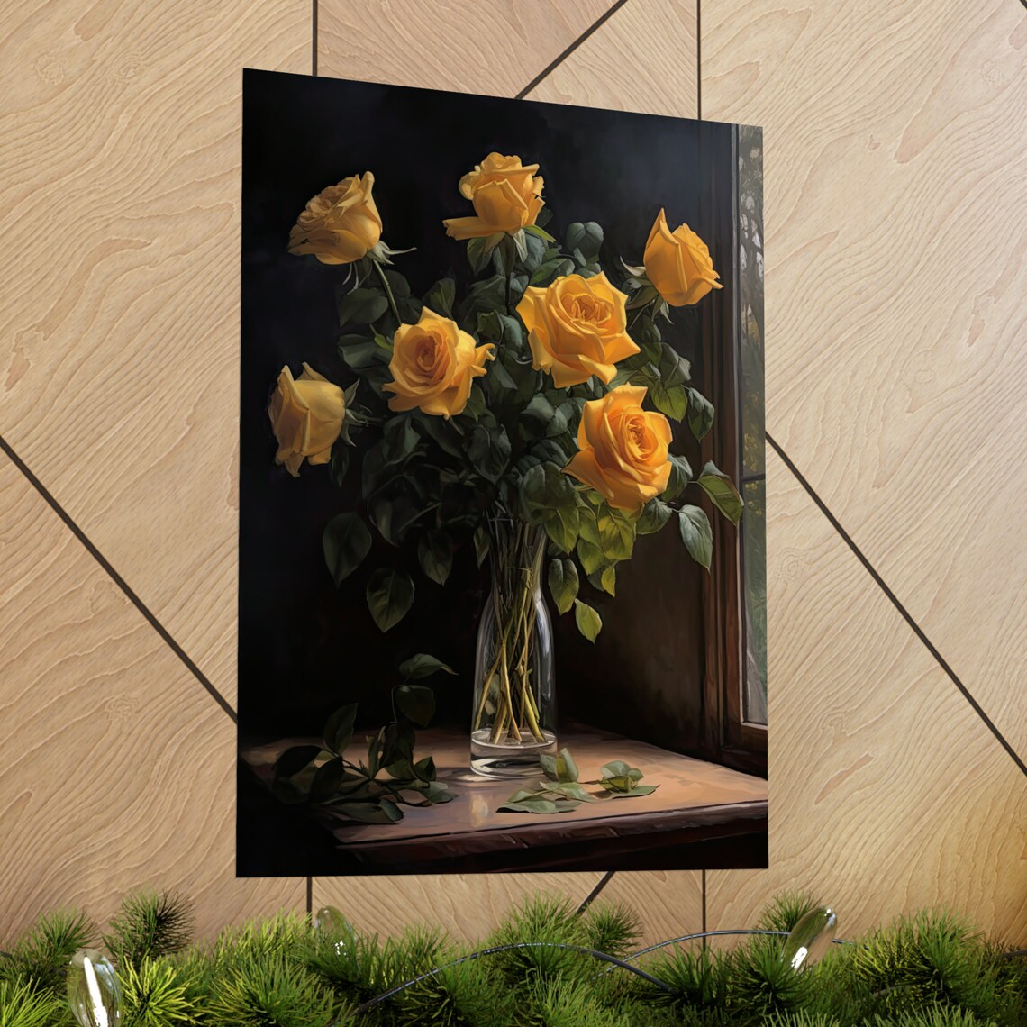 Yellow Rose Bouquet Glass Vase Moody Dark Still Life Floral Art Poster - Image 2