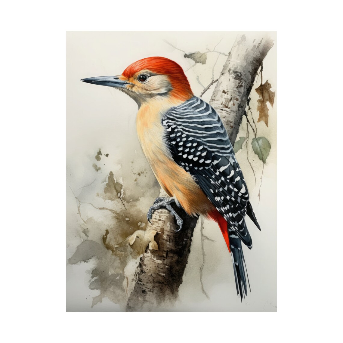 Red Bellied Woodpecker Watercolor Birch Branch Bird Art Poster - Image 4