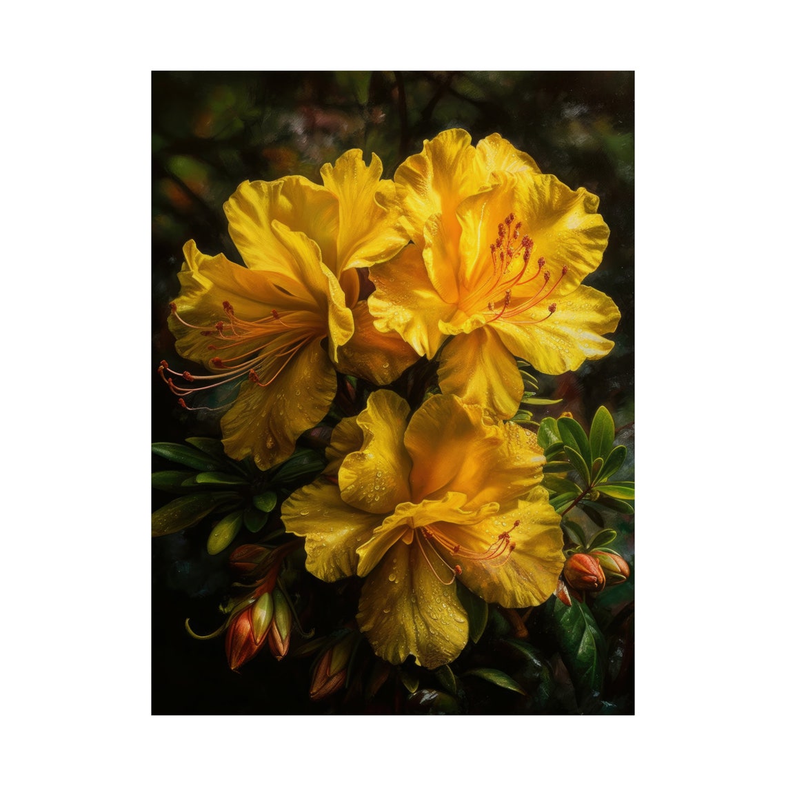 Yellow Azalea Blossoms Dramatic Dark Background Floral Art Print - Image 4