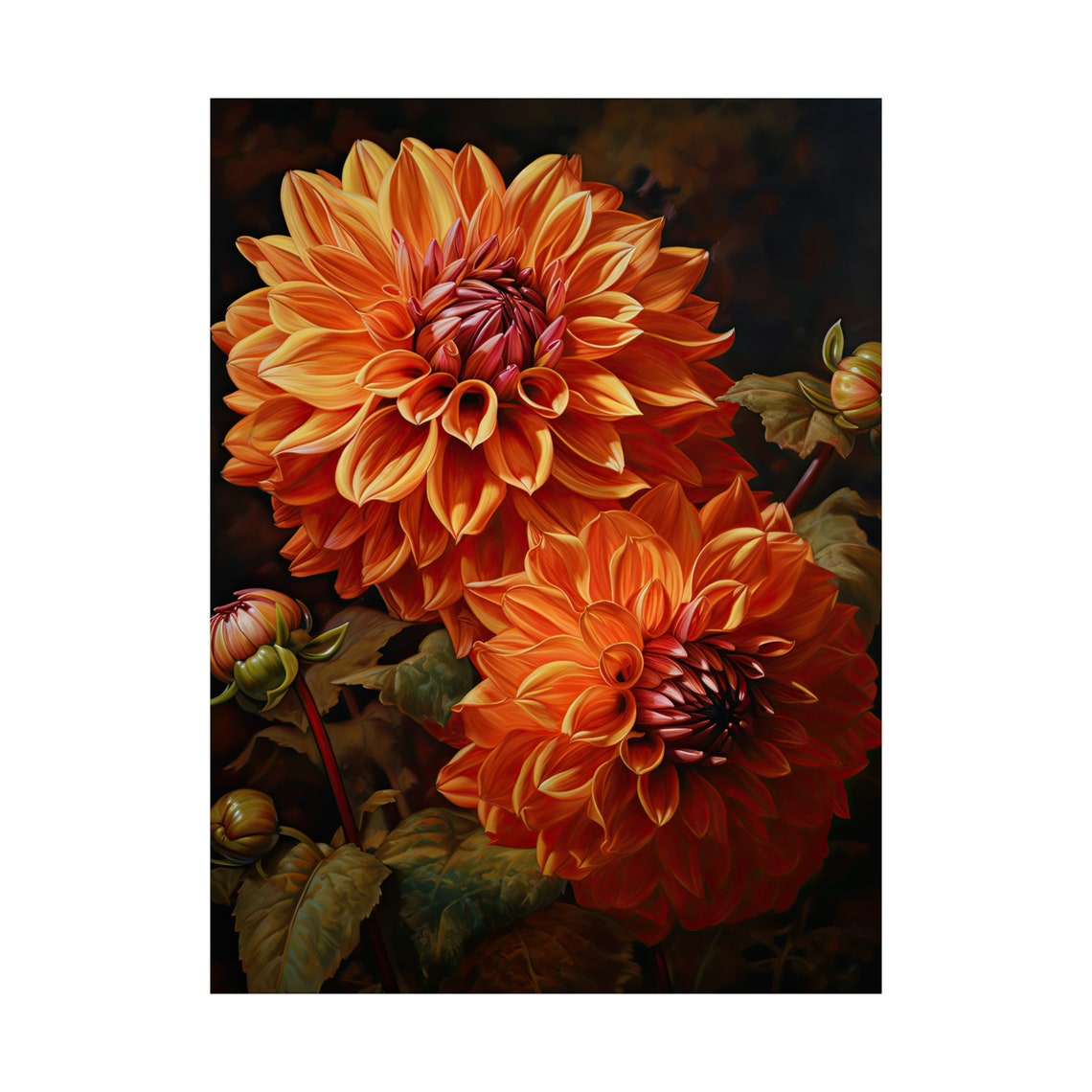 Burnt Orange Dahlia Blooms Bold Dark Floral Botanical Art Print - Image 4