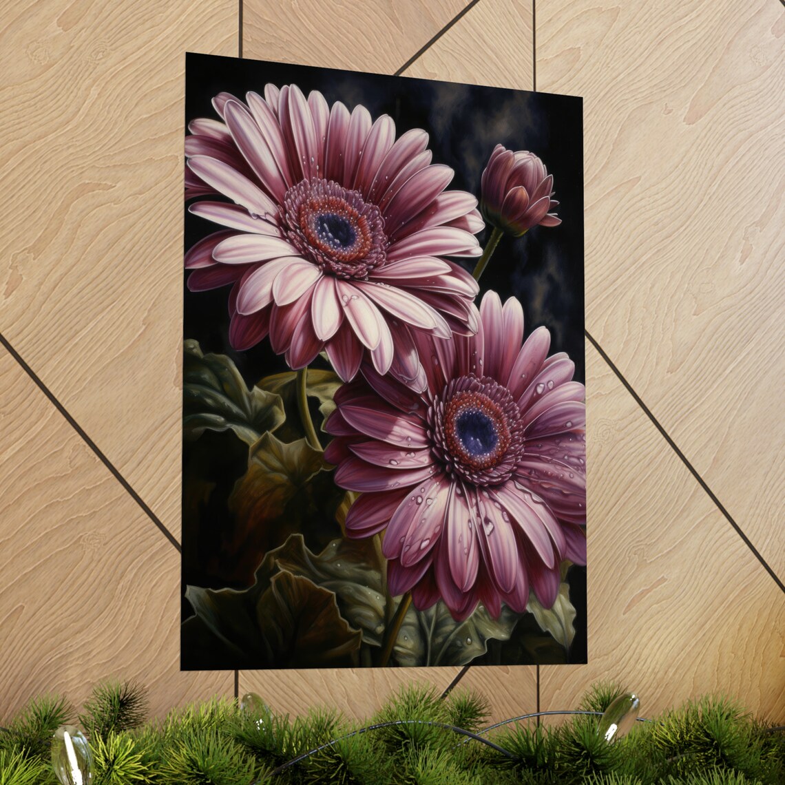 Purple Gerbera Daisy Blooms Dewy Petals Dark Background Floral Poster - Image 2