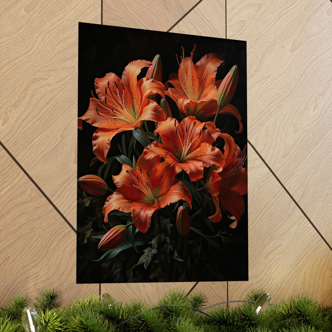 Orange Tiger Lily Blossoms Moody Black Background Floral Art Print - Image 2