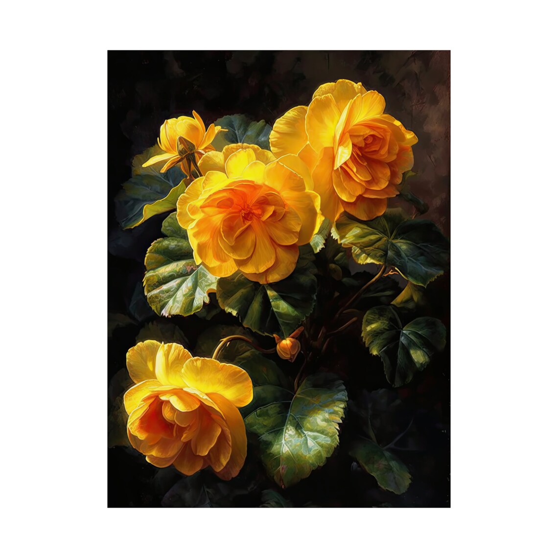 Yellow Begonia Blooms Dark Green Leaves Warm Golden Floral Poster - Image 4