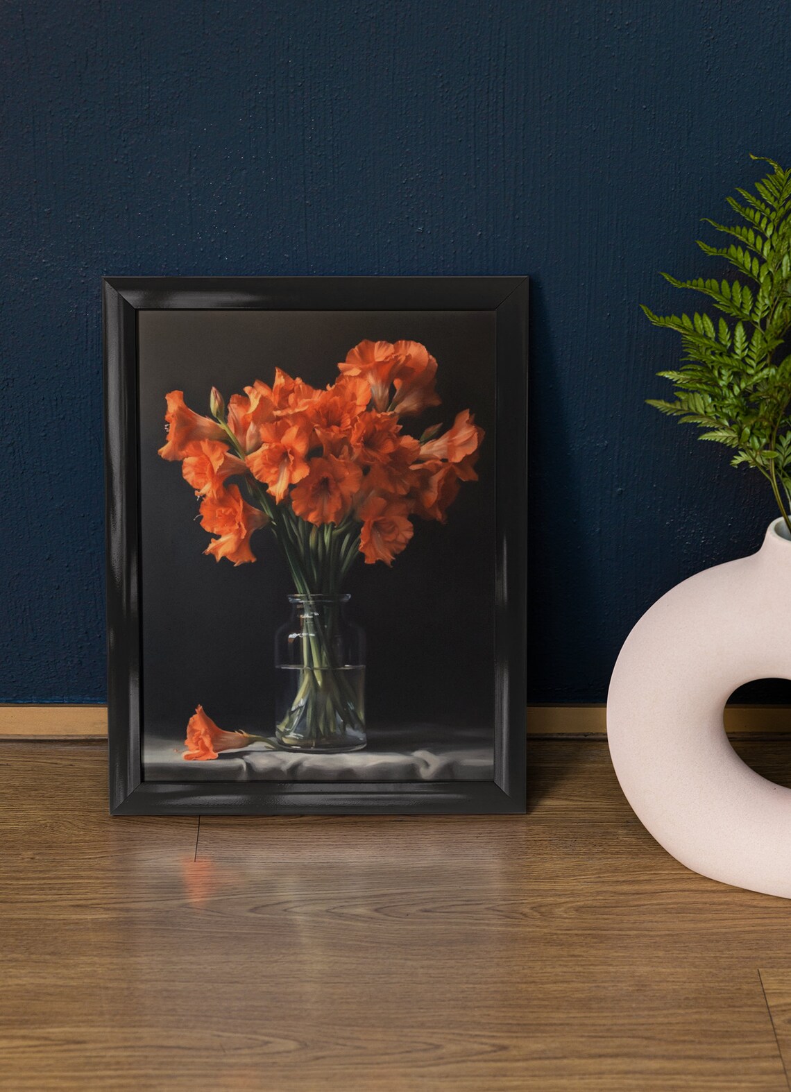 Orange Gladiolus Blooms Glass Vase Dark Moody Still Life Flower Poster