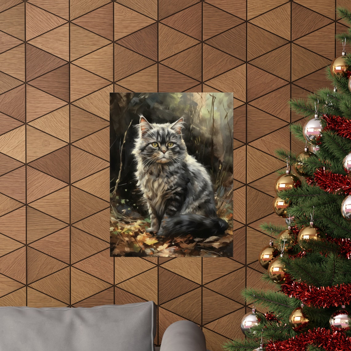 Selkirk Rex Cat Long Haired Grey Tabby Feline Portrait Wall Art Print - Image 3
