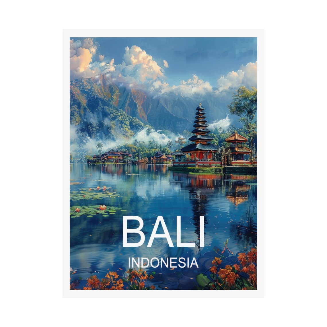 Bali Indonesia Lake Temple Mountain Reflections Travel Poster - Image 3