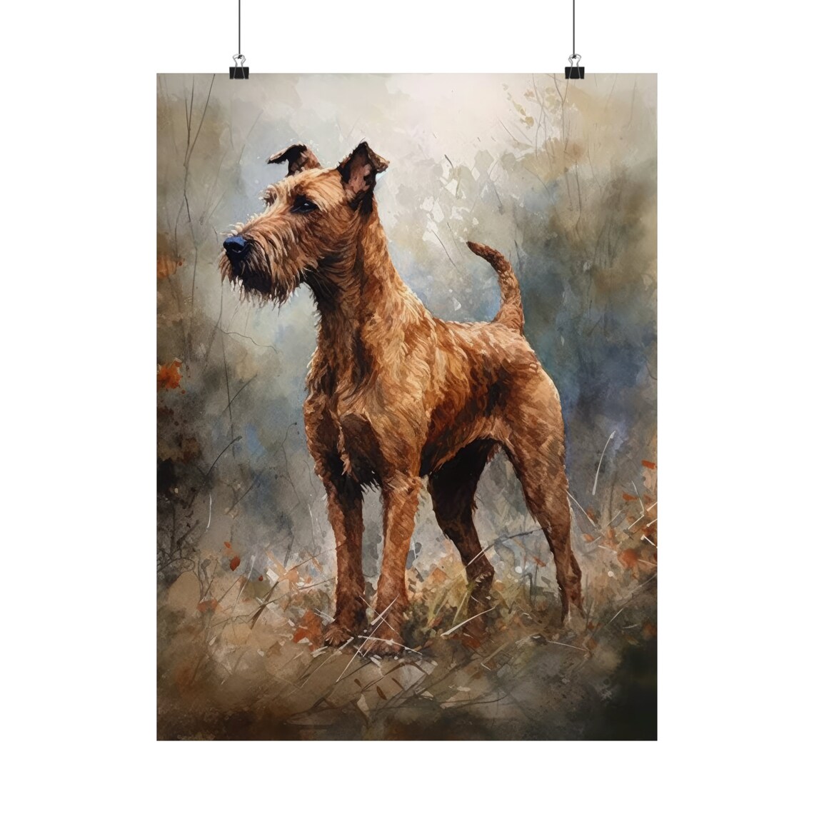 Irish Terrier Standing Alert in Autumn Watercolor Dog Art Print - Image 5