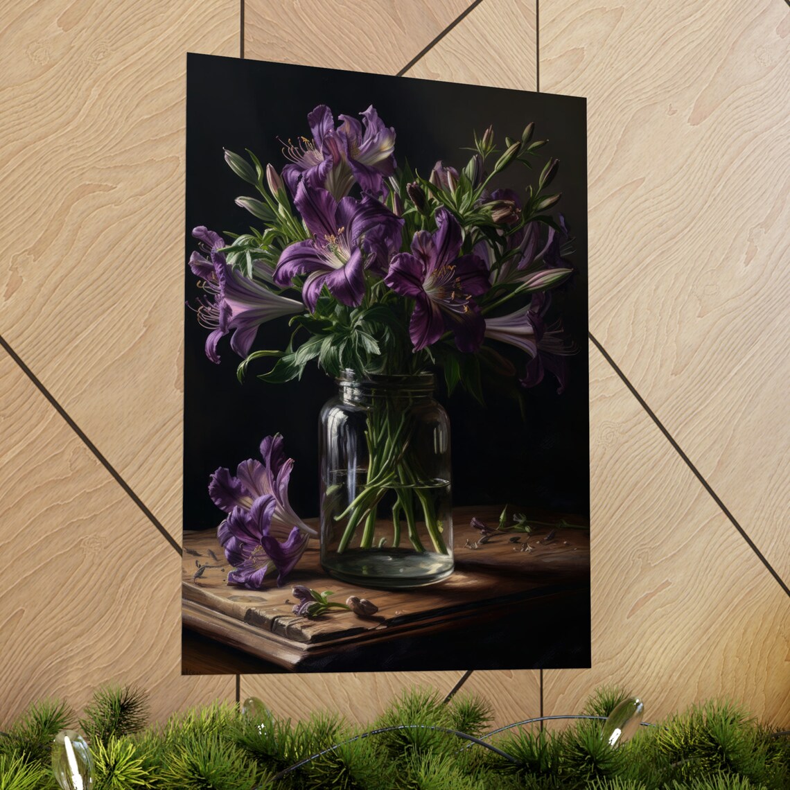 Purple Alstroemeria Flowers Glass Jar Dark Moody Botanical Art Print - Image 2