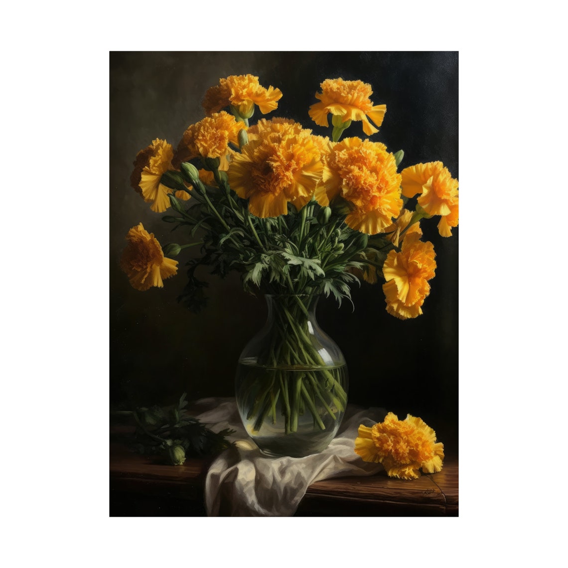 Golden Yellow Carnations Glass Vase Dark Still Life Flower Art Poster - Image 4