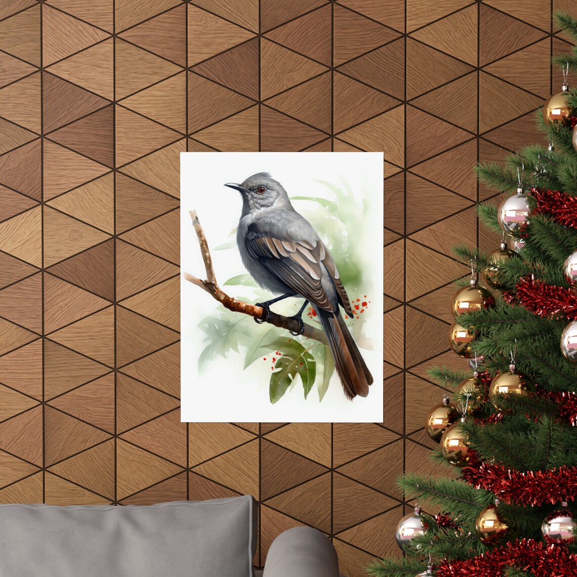 Gray Catbird Perched Branch Watercolor Songbird Portrait Poster - Image 3