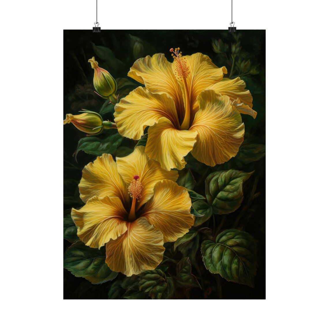 Yellow Hibiscus Blooms Dark Tropical Floral Painting Fine Art Poster - Image 5