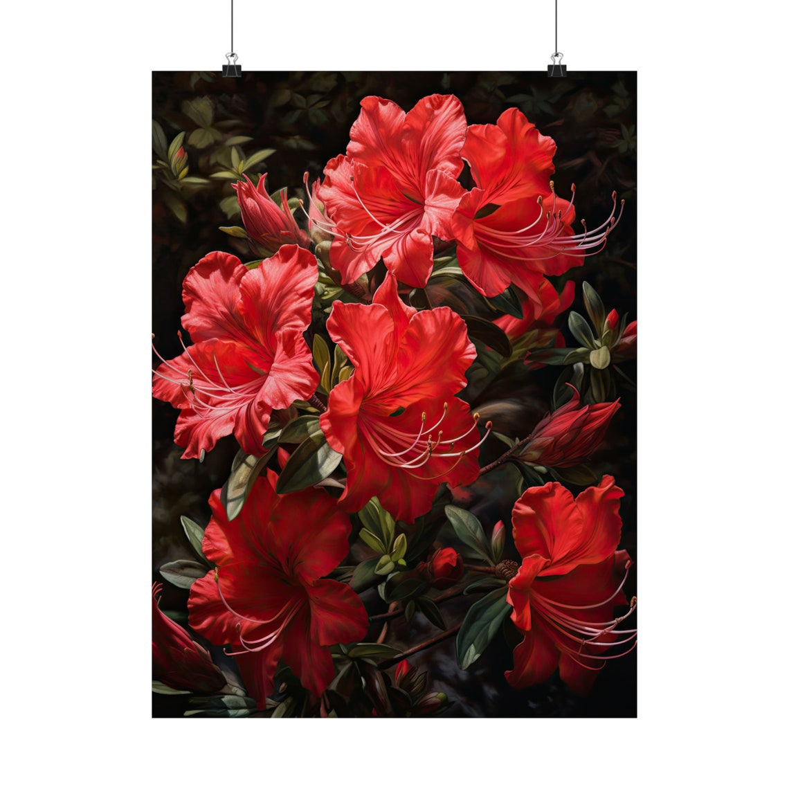 Bright Red Azalea Flower Cluster Dark Moody Botanical Art Poster - Image 5