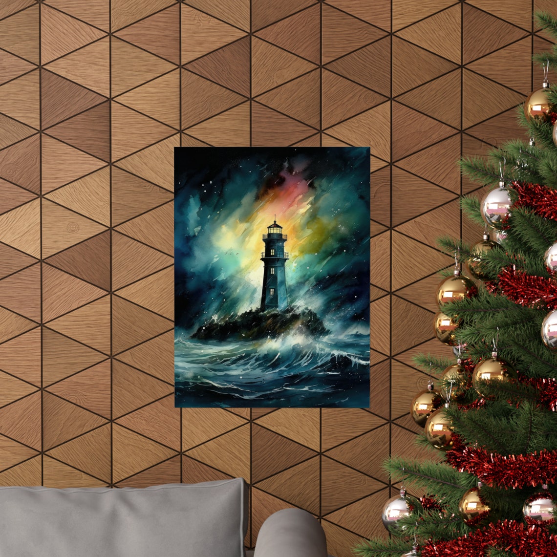 Lighthouse Storm Waves Aurora Night Sky Watercolor Coastal Poster - Image 3