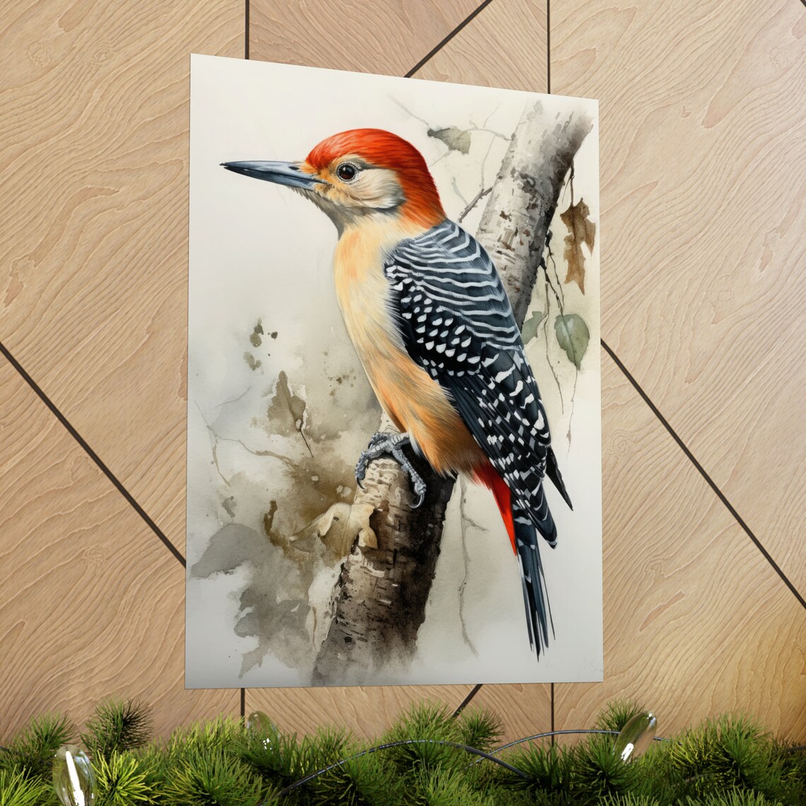Red Bellied Woodpecker Watercolor Birch Branch Bird Art Poster - Image 2