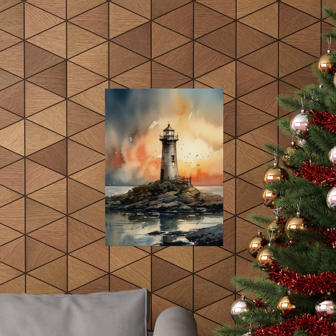 Lighthouse Rocky Islet Fiery Sunset Birds Watercolor Coastal Wall Art - Image 3
