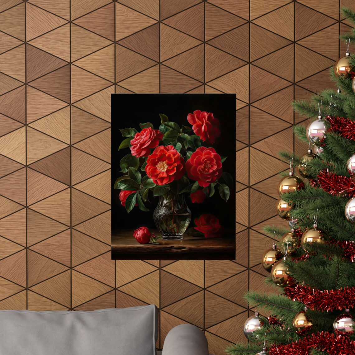 Red Camellia Blooms Dark Still Life Botanical Fine Art Poster - Image 3