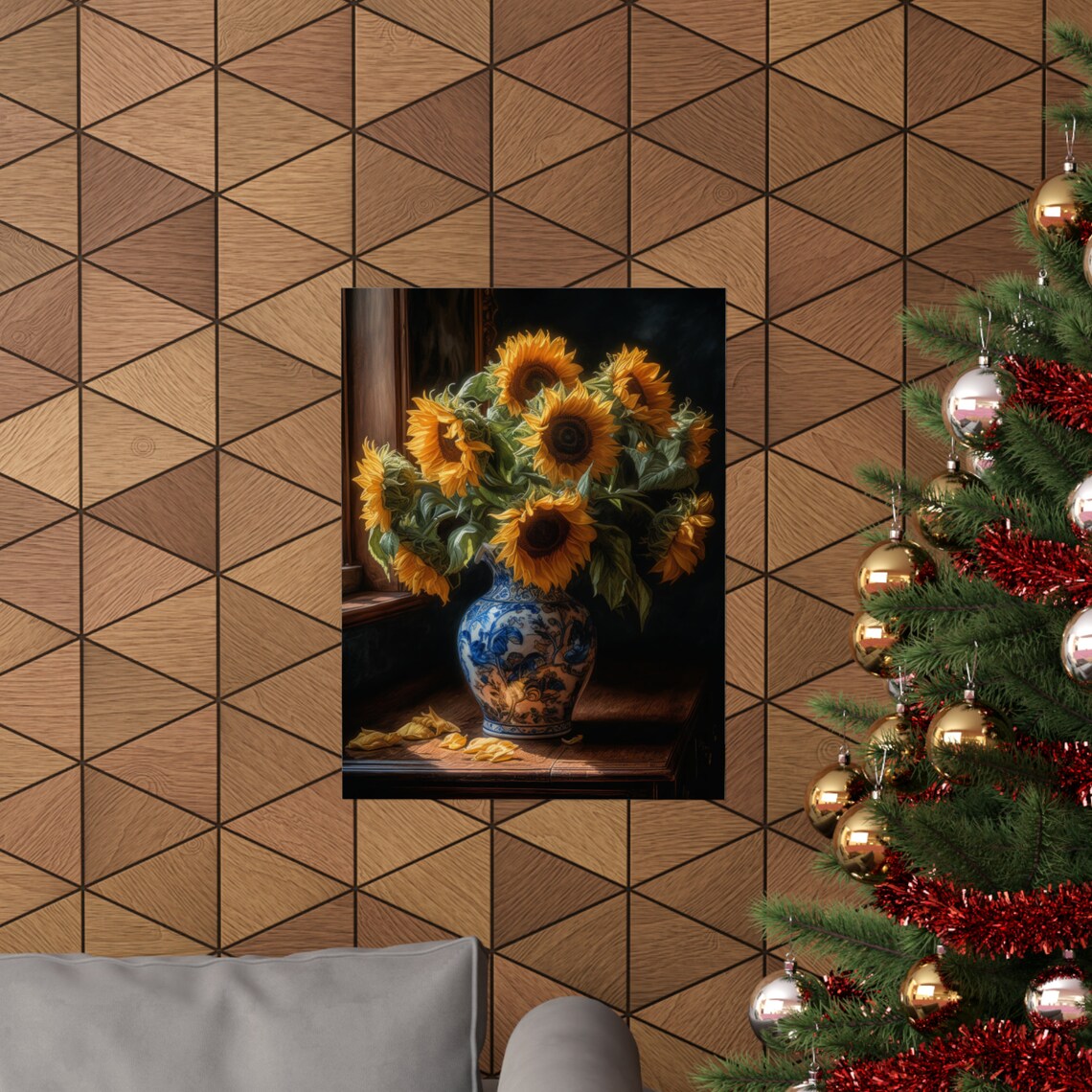 Sunflower Bouquet Golden Blooms Blue Porcelain Vase Still Life Poster - Image 3