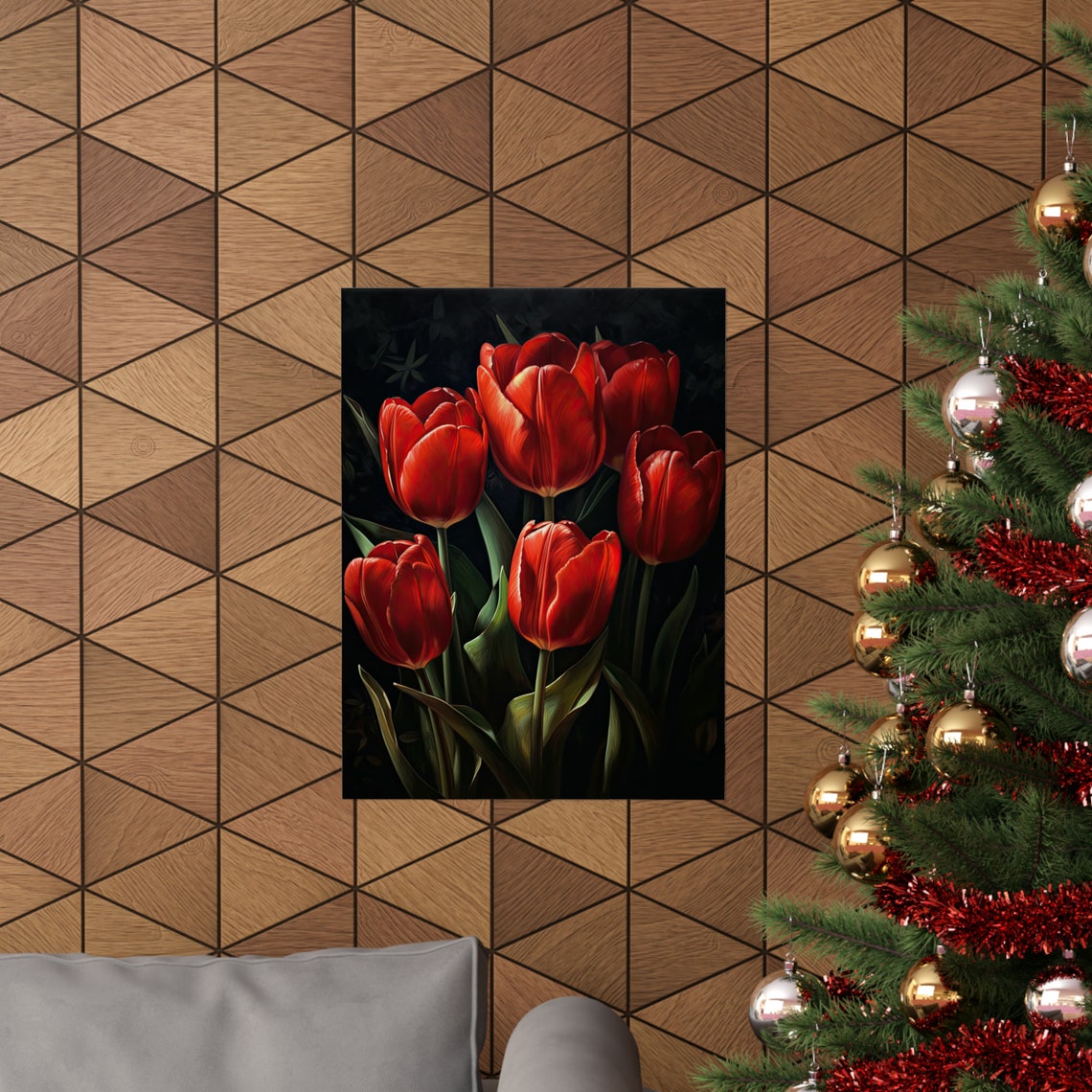 Five Red Tulips Dark Moody Oil Painting Dramatic Floral Wall Art - Image 3