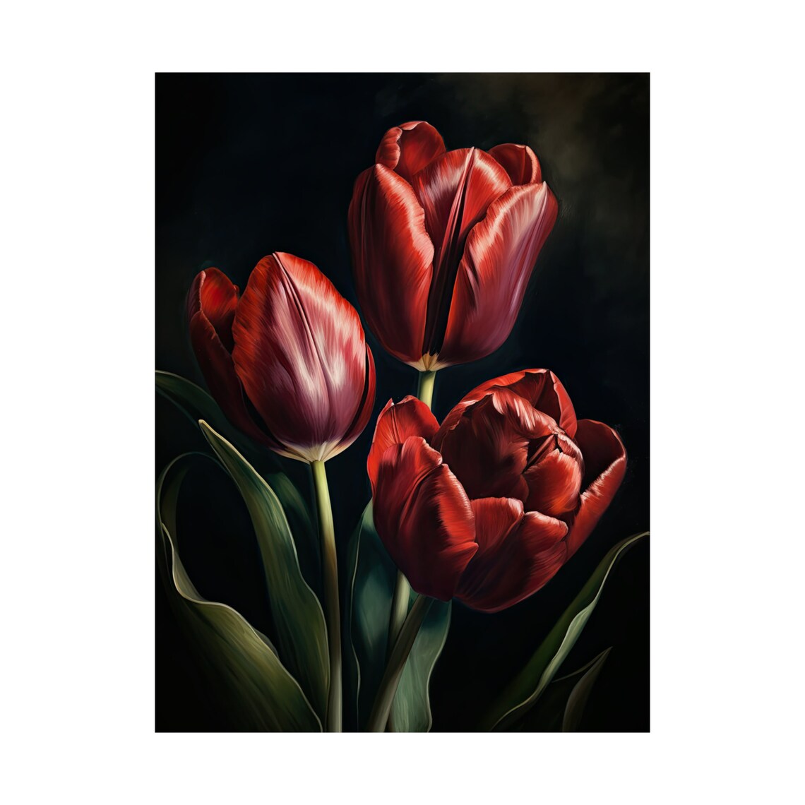 Crimson Red Tulip Trio Moody Dark Botanical Floral Wall Art Print - Image 4