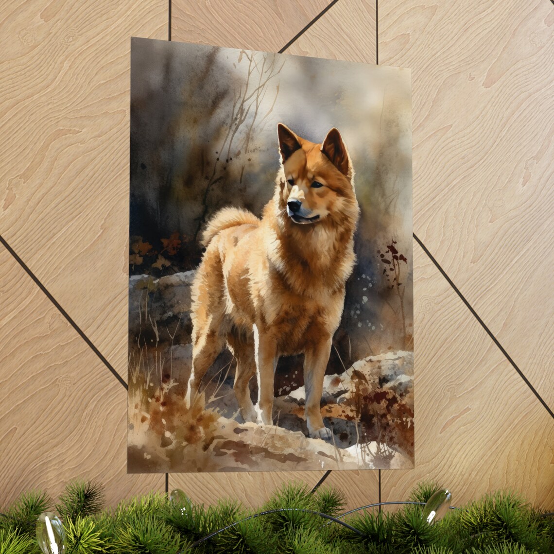 Finnish Spitz Dog Watercolor Portrait in Woodland Scene Art Print - Image 2