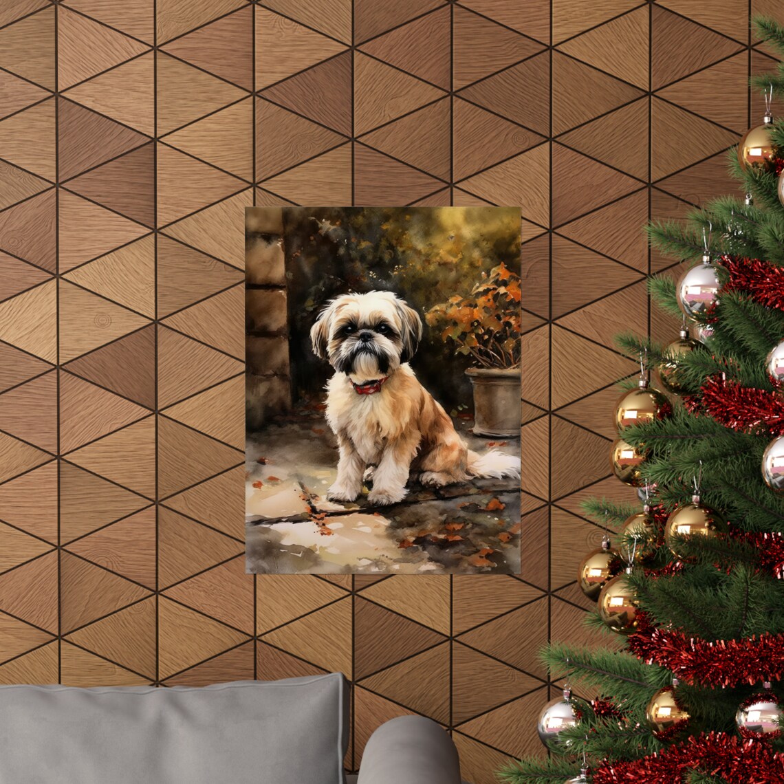 Shih Tzu Dog Watercolor Portrait Autumn Patio Red Collar Poster - Image 3