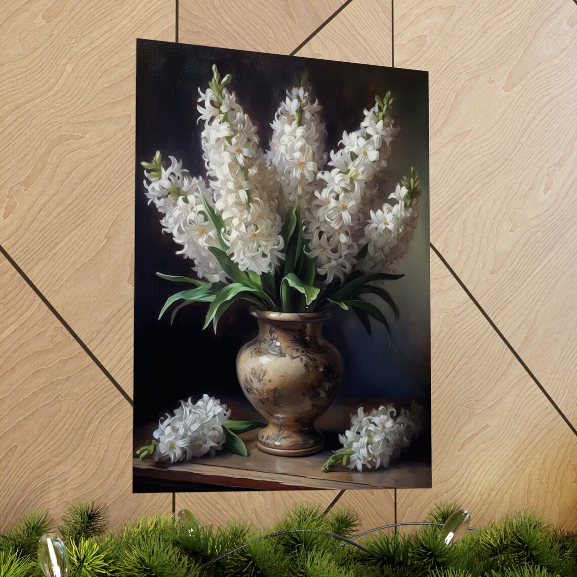 White Hyacinth Spikes Ornate Ceramic Urn Classic Floral Art Poster - Image 2
