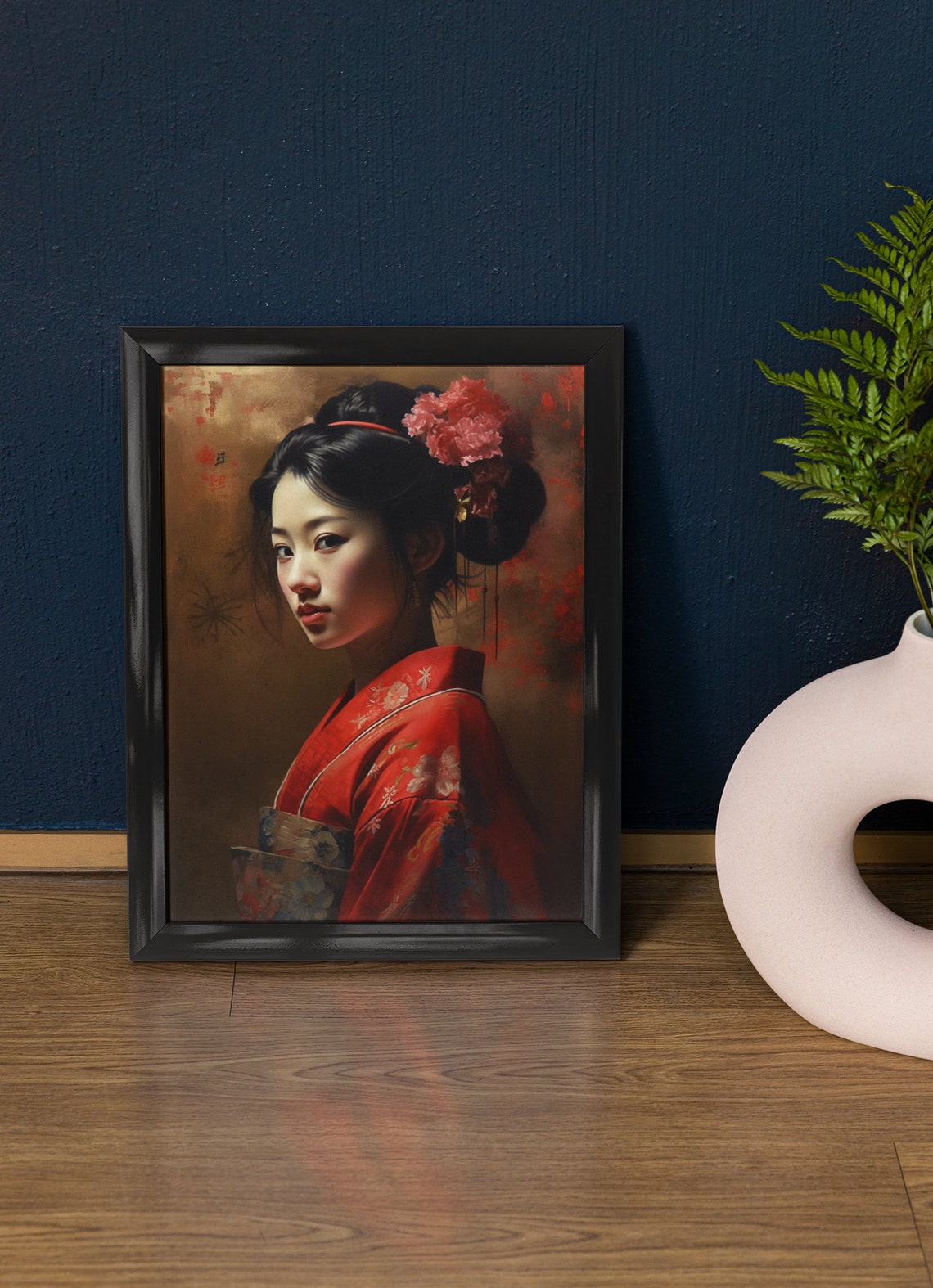 Geisha in Red Kimono Portrait Japanese Oriental Elegant Art Poster