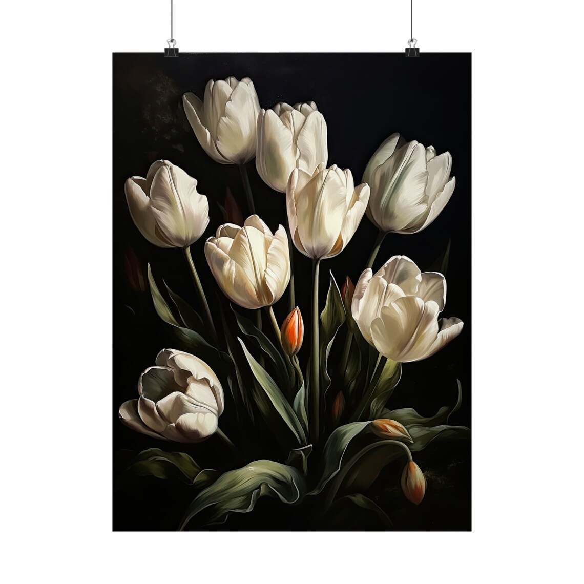 White Tulips Dark Moody Oil Painting Elegant Floral Wall Art - Image 5