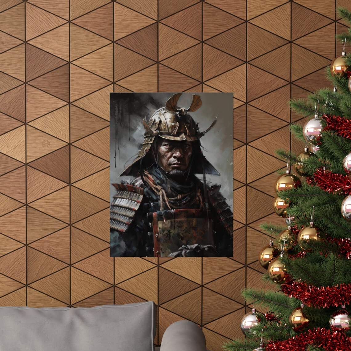 Samurai in Crescent Horned Helmet Dark Moody Oil Painting Art Print - Image 3