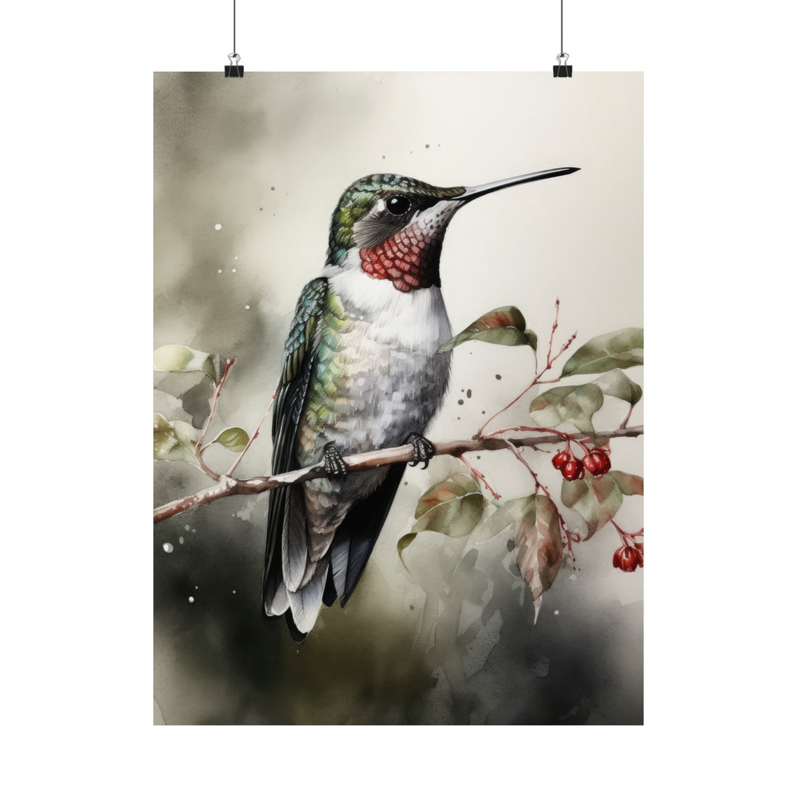 Ruby Throated Hummingbird Perched On Berry Branch Watercolor Poster - Image 5