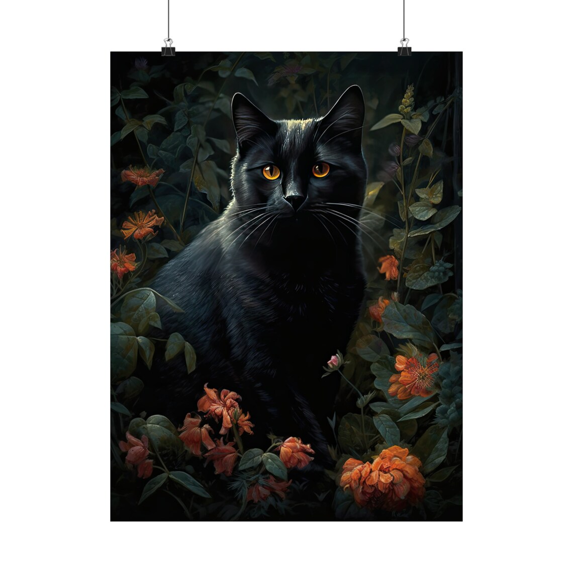 Black Cat With Amber Eyes Among Dark Garden Blooms Gothic Art Poster - Image 5