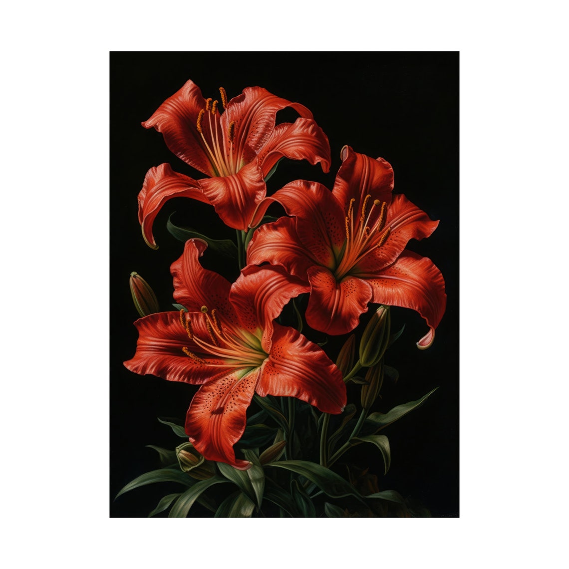 Red Lilies Dark Moody Floral Oil Painting Dramatic Botanical Wall Art - Image 4