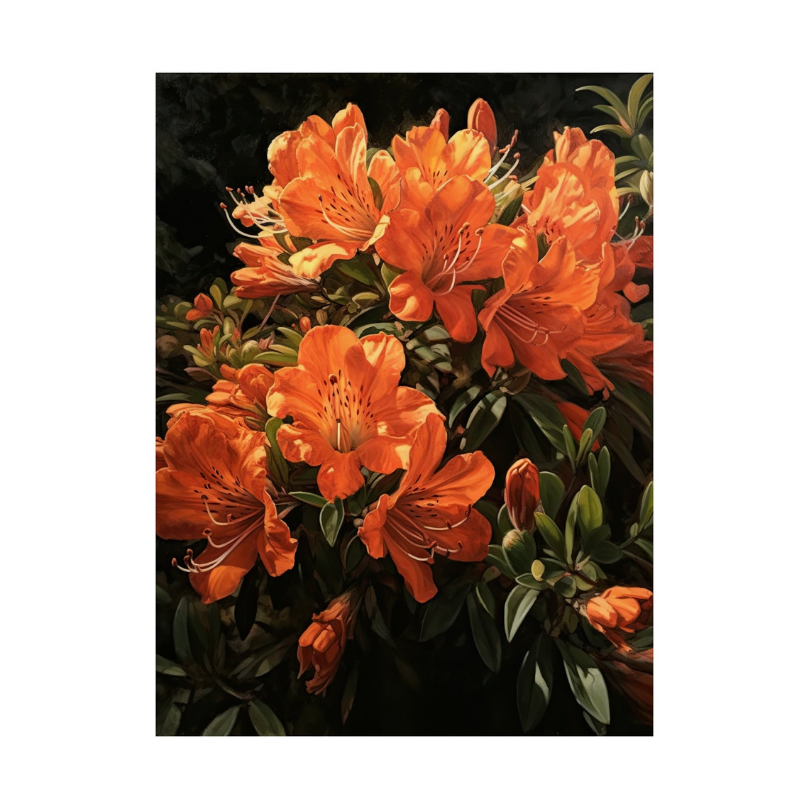 Burnt Orange Azalea Blossoms Dark Botanical Oil Painting Art Poster - Image 4