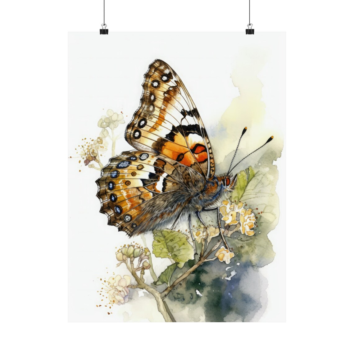 Orange Brown Butterfly Resting on Wildflowers Watercolor Art Print - Image 5