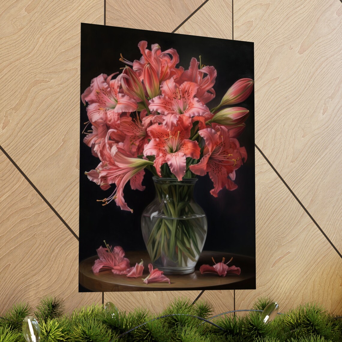 Blush Pink Peruvian Lily Bouquet Dark Floral Still Life Poster - Image 2