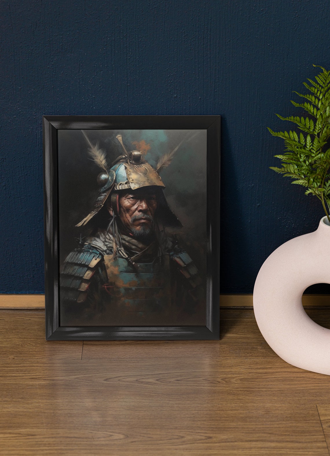 Elder Samurai General in Feathered Helmet Moody Oil Painting Art Print