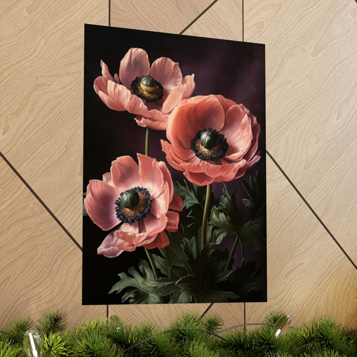 Coral Pink Anemone Blooms Dark Moody Floral Still Life Poster - Image 2