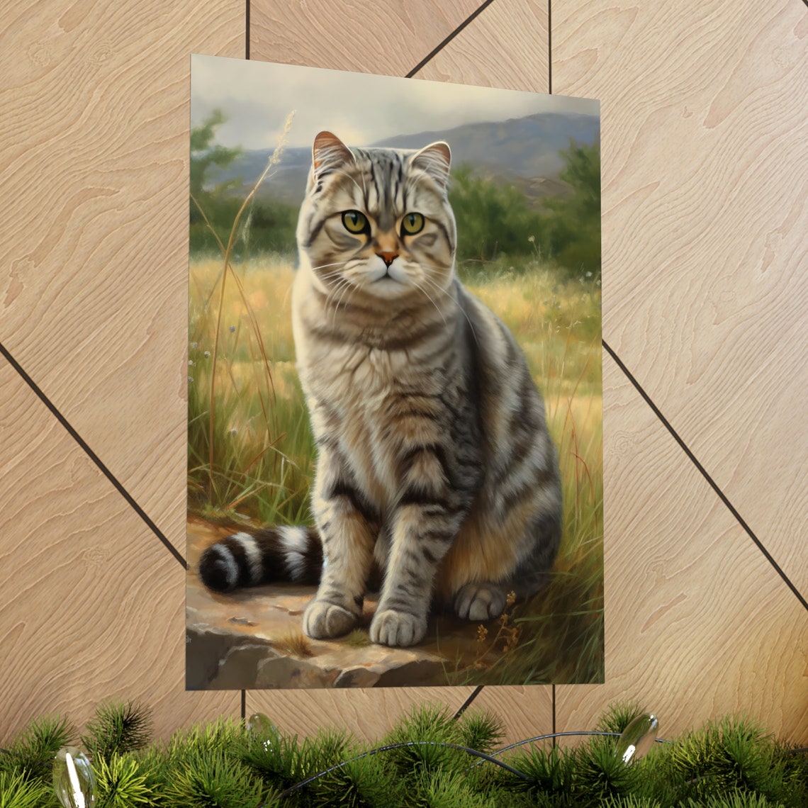 Scottish Fold Silver Tabby Cat Meadow Rock Cute Feline Art Poster - Image 2