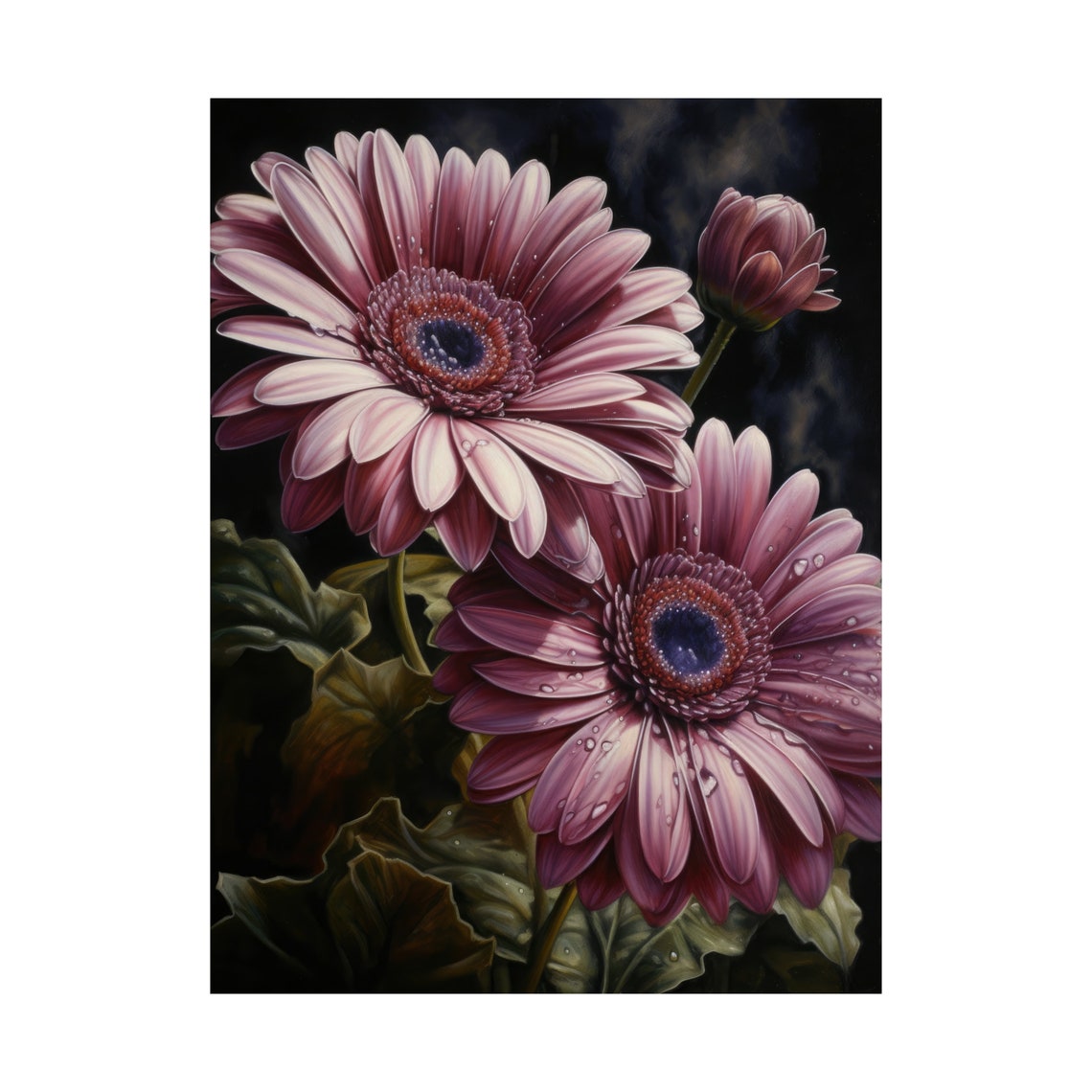 Purple Gerbera Daisy Blooms Dewy Petals Dark Background Floral Poster - Image 4