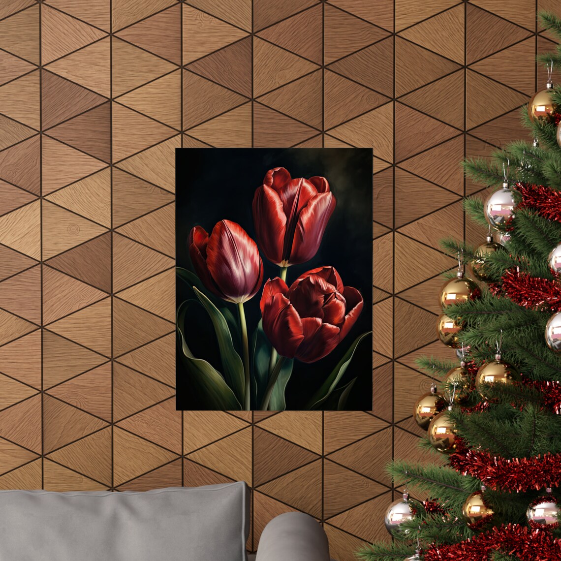 Crimson Red Tulip Trio Moody Dark Botanical Floral Wall Art Print - Image 3