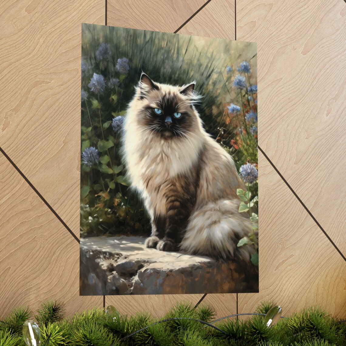 Himalayan Cat Sitting Blue Eyes Floral Garden Portrait Art Poster - Image 2