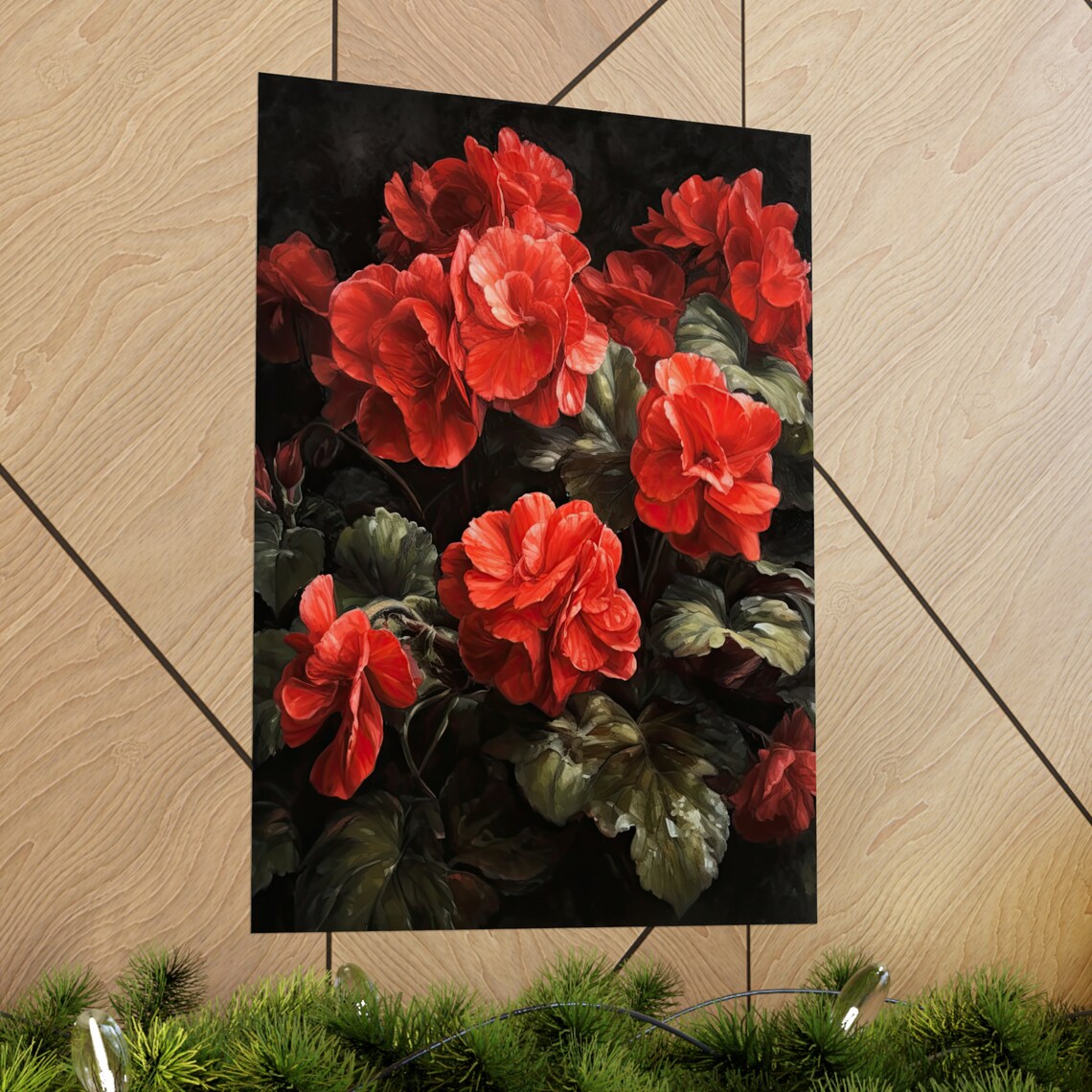 Red Begonia Dense Bloom Cluster Dark Foliage Bold Floral Art Poster - Image 2